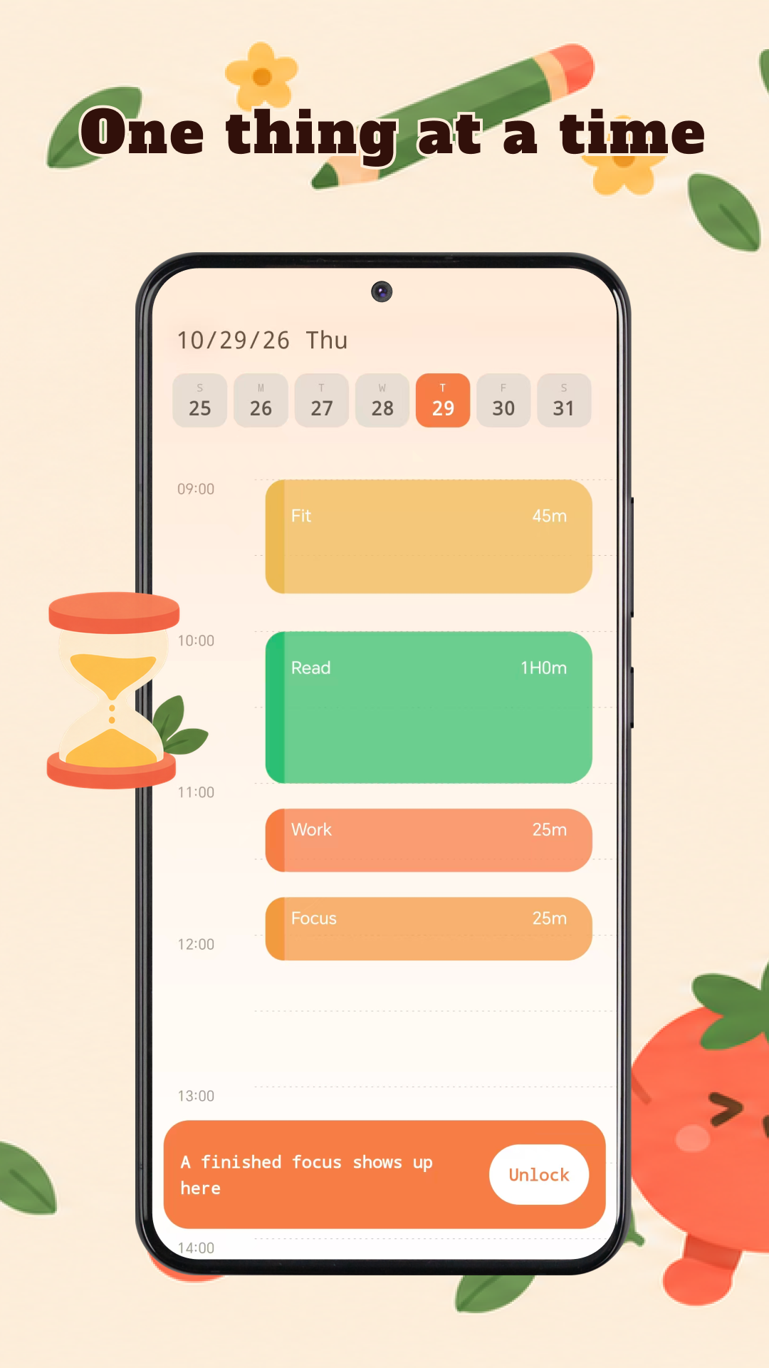Phone showing a day timeline with Read, Study, and Work focus blocks