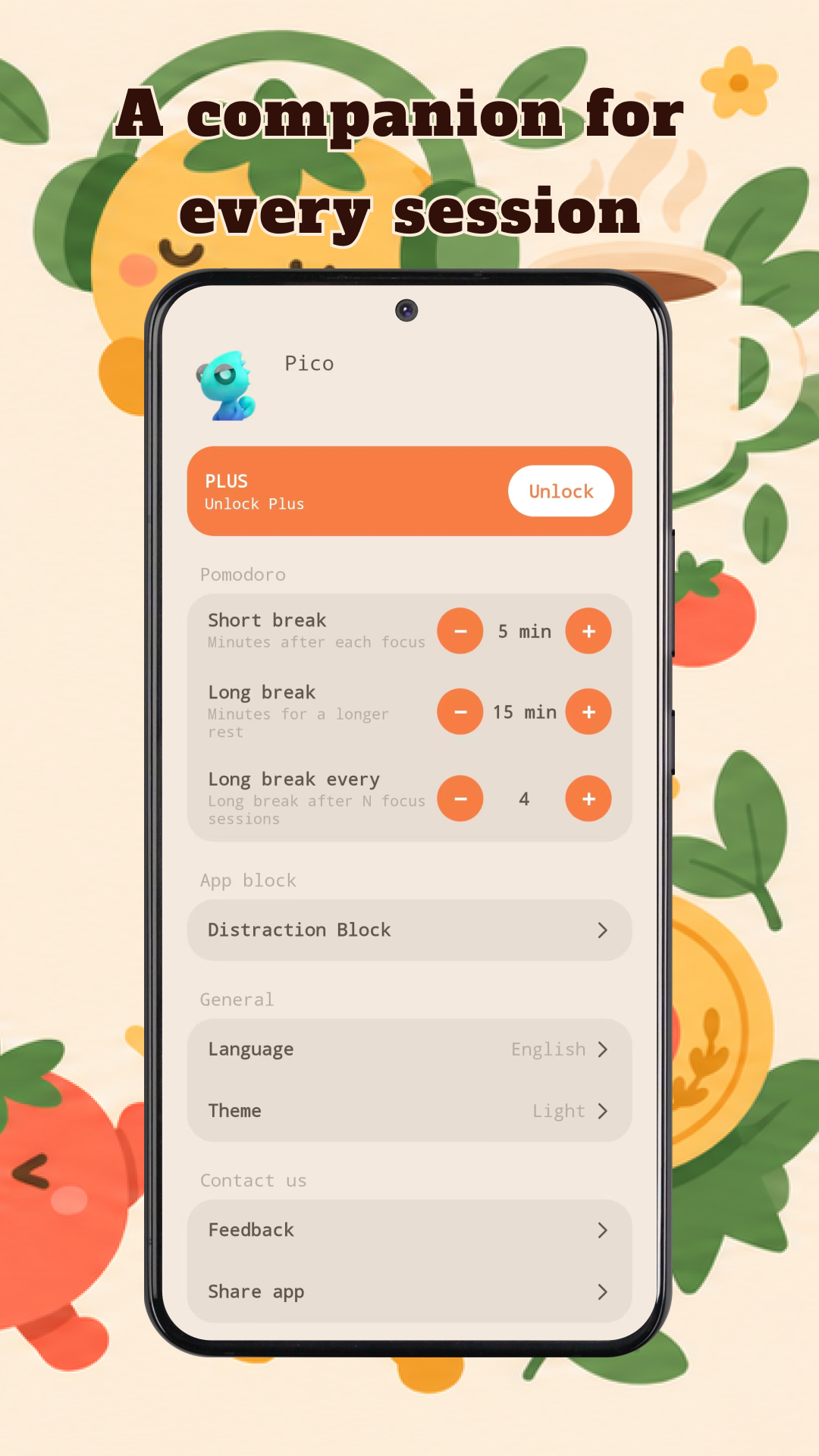 Phone showing Pico settings for short break, long break, theme, and Distraction Block